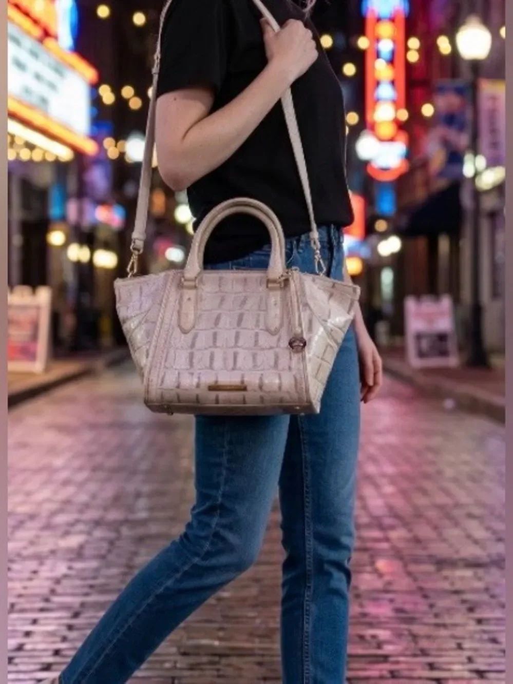 BRAHMIN Croc-Embossed White Leather Satchel Handbag